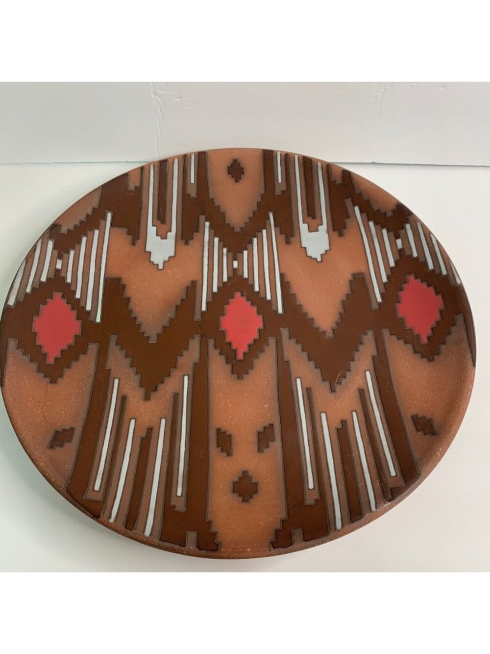 Terracotta Decorative Plate With Geometric Southwest Design - 15” Diameter